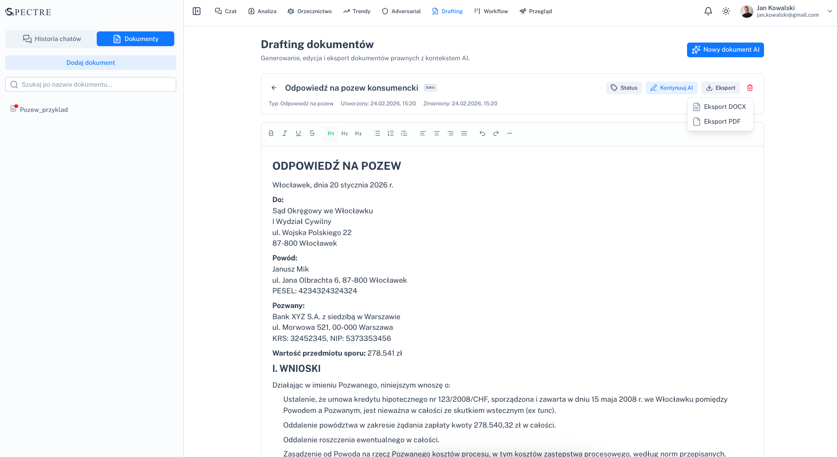 Screenshot modułu Moduł Draftingu